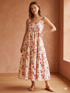 Workshop Republic Clothing Cream Floral Tiered Maxi Dress with Pink Accents